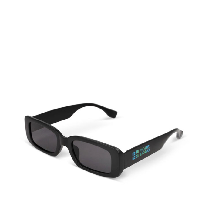 Schwarze Sonnenbrille aus 100 % recyceltem Kunststoff Ansicht mit Druckbereich