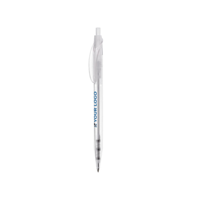 Transparenter Kugelschreiber mit gebogenem Clip, blaue Tinte Ansicht mit Druckbereich
