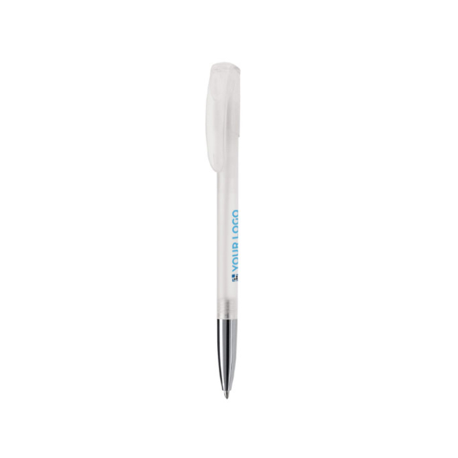 Billiger transparenter Kugelschreiber mit Metallspitze, blaue Tinte Ansicht mit Druckbereich