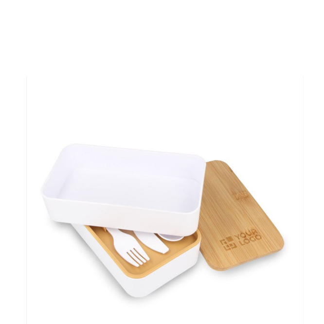 Doppelte Lunchbox aus recyceltem Kunststoff und Bambus Ansicht mit Druckbereich