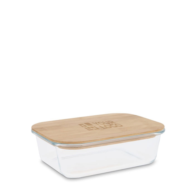 Klassische rechteckige Lunchbox aus Glas mit Bambusdeckel Ansicht mit Druckbereich