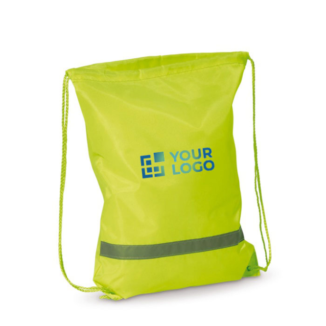 Rucksack aus Polyester mit Kordelzug und horizontalem Reflexstreifen Ansicht mit Druckbereich