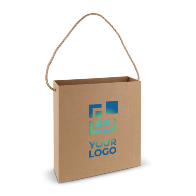 Quadratische Geschenktasche aus Karton mit langen Jutehenkeln Ansicht mit Druckbereich