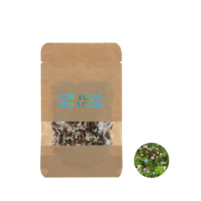 Beutel mit getrockneten Blumensamen, präsentiert im Kraftpapierbeutel Ansicht mit Druckbereich