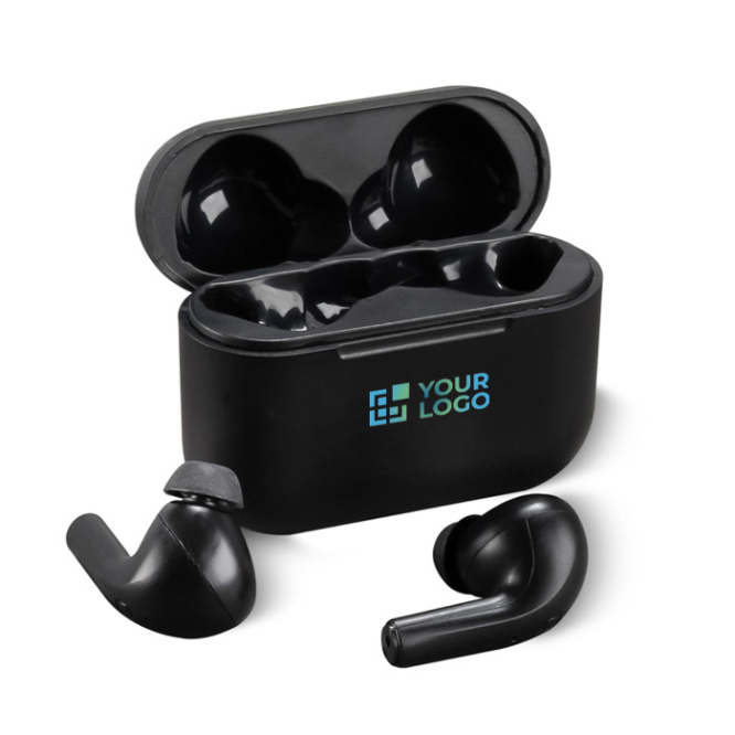 Klassische True Wireless Stereo-Ohrhörer im schwarzen Ladeetui Ansicht mit Druckbereich