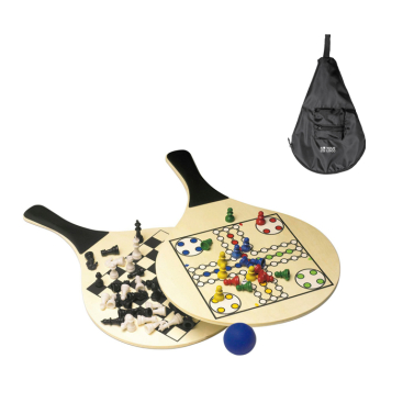 Set mit 2 Holzschlägern und Ball, Spiele auf den Schlägern aufgedruckt