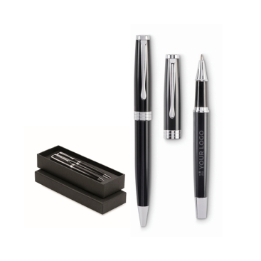 Set: Kugelschreiber blau + Roller schwarz im Etui