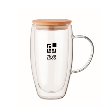 Lange Glastasse mit Henkel und Holzdeckel 450 ml