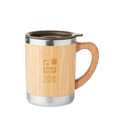 Eleganter Becher aus Stahl mit Bambusgehäuse Ansicht mit Druckbereich