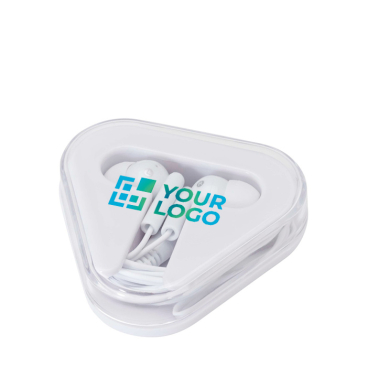 Einfache Kopfhörer mit Audiostecker im dreieckigen Etui