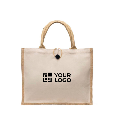 Tasche aus Baumwolle und Jute mit Knopfverschluss und Henkel, 310 g/m2 Ansicht mit Druckbereich