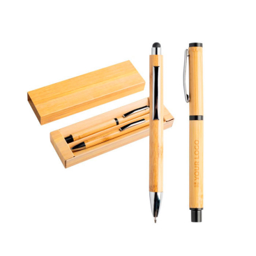 Kuli- und Rollerball-Set aus Bambus mit Clip im Etui, blaue Tinte Ansicht mit Druckbereich